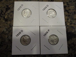 lot 9 image: Lot of (4) Mercury Dimes Including 1918-D, 1934-D, 1936-P and 1939-D