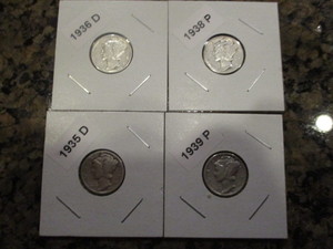 lot 10 image: Lot of (4) Mercury Dimes Including 1935-D, 1936-D, 1938-P and 1939-P