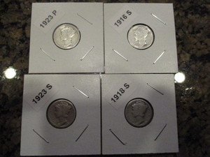 lot 11 image: Lot of (4) Mercury Dimes Including 1916-S (First Year of Issue), 1918-S, 1923-P and 1923-S