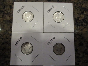 lot 12 image: Lot of (4) Mercury Dimes Including 1917-D, 1925-S, 1927-P and 1927-D