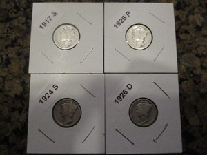 lot 13 image: Lot of (4) Mercury Dimes Including 1917-S, 1924-S, 1926-P and 1926-D