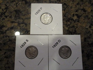 lot 14 image: Lot of (3) Mercury Dimes Including 1929-P, D and S