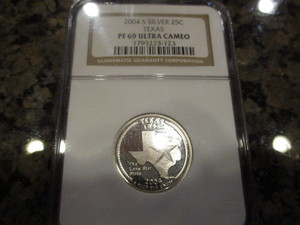 lot 18 image: 2004-S NGC Certified 1793223-123 PF69 Ultra Cameo Texas Silver Quarter