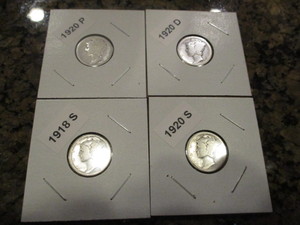 lot 20 image: Lot of (4) Mercury Dimes Including 1918-S, 1920-P, D and S