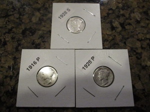 lot 21 image: Lot of (3) Mercury Dimes Including 1916-P (First Year of Issue) 1928-P and 1928-S