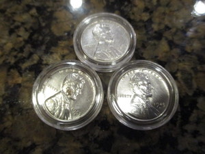 lot 49 image: Full Set of 1943-P, D and S Emergency Issue Steel Pennies