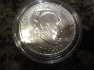 lot 66 image: 1990-W Eisenhower Centennial Commemorative Silver Dollar