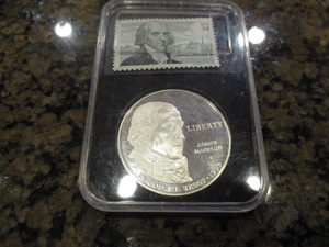 lot 70 image: 1993-S James Madison Commemorative Silver Dollar and Stamp