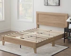 lot 33 image: EDENBROOK DeltaFull Bed Frame with Headboard  No Box Spring Needed  Compatible with All Mattress Types  Wood Slat Support  Full Size Wood Platform Bed Frame  Golden Maple