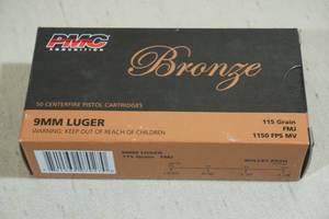 lot 193 image: 50 PMC Bronze 9mm Luger 115 Gr FMJ Ammo