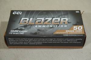 lot 195 image: 50 CCI Blazer Brass 9mm Luger 115 Gr FMJ Ammo