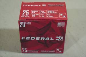 lot 224 image: 25 Federal Field & Target 20 Gauge 2-34 7.5 Shot Shotshells