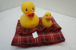 2 rubber ducks and a Red Blanket
