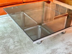lot 5 image: Mid Century Modern Knoll Andre Square Table with Smoked Glass and Polished Steele