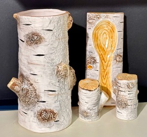 lot 92 image: Department 56 Birch Bark Ceramic Vase, Spoon Rest and Salt and Pepper Shaker Set
