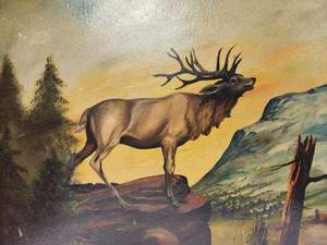 lot 212 image: Antique Original Oil on Board Western Painting wElk - Signed Stewart
