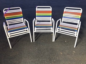 lot 160 image: 3 Retro Vintage Colorful Rubber Strap Patio Chairs