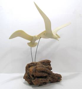 lot 64 image: Signed JOHN PERRY Bird Sculpture wBurl Wood Base