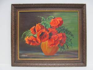 lot 96 image: Framed Signed Old Vintage Oil on Board Still Life Painting wPoppies