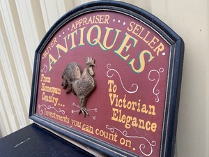lot 312 image: Vintage Style Painted Wood ANTIQUES Sign wRooster