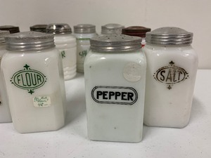 lot 185 image: Great Lot of Old Vintage 1930s era Deco Milk Glass etc Salt, Pepper & Sugar Shakers