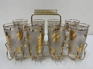 lot 189 image: Set of 8 Mid Century Gold Leaf Glass Tumblers wBrass Stand