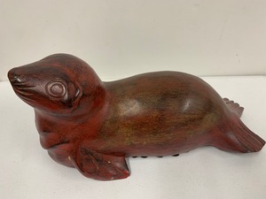 lot 200 image: LARGE Vintage Carved Wood Seal Sculpture