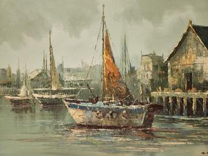 lot 289 image: Very Nice LARGE Mid Century Oil on Canvas Harbor Scene wBoats