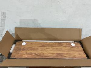 lot 240 image: FEZIBO White Metal and Light Rustic Brown Wood Finish Top Height Adjustable Electric Standing Desk with Keyboard Tray