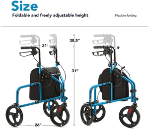 lot 207 image: OasisSpace 3 Wheel Foldable Walker with Large Storage Bag - Blue