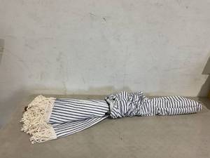 lot 283 image: AMMSUN 7ft Patio Umbrella with Fringe - WhiteCream with Navy Blue Stripes