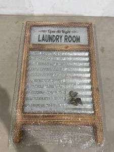 lot 292 image: EMAX HOME Galvanized Laundry Washboard Sign with Towel Hooks