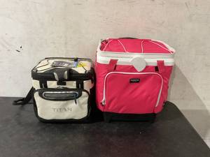lot 118 image: LOT OF 2 Coolers - Titan Deep Freeze White 24 Can Zipperless Cooler and Igloo Cool Fusion Wheeled Watermelon Cooler
