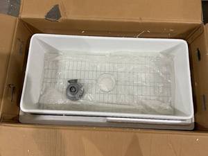 lot 51 image: White Fireclay 36 inch Single Bowl Farmhouse Apron Kitchen Sink with Bottom Grid and Basket Strainer