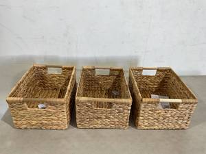 lot 326 image: LOT OF 3 VATIMA Large Wicker Baskets with Handles - Brown Wicker