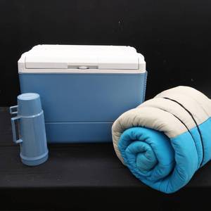 lot 115 image: COLEMAN ELECTRIC CORDED COOLER , SLEEPING BAG AND THERMOS