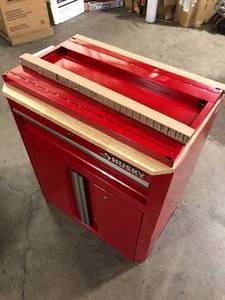 lot 16 image: Husky Ready-to-Assemble 24-Gauge Steel 1-Drawer 2-Door Garage Base Cabinet in Red (28 in. W x 33 in. H x 18 in. D)   Customer  Returns See Pictures