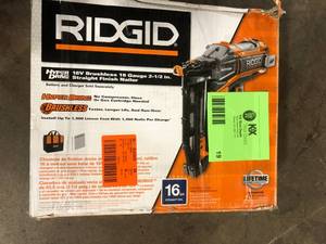 lot 19 image: RIDGID 18V Brushless Cordless HYPERDRIVE 16-Gauge 2-12 in. Straight Finish Nailer(Tool Only), Belt Clip, Bag, Sample Nails   Customer  Returns See Pictures