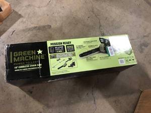 lot 26 image: Green Machine 62V Brushless 16 in. Battery Chainsaw Auto-tensioning system, easy trigger start with 4 Ah Battery and Charger Customer  Returns See Pictures