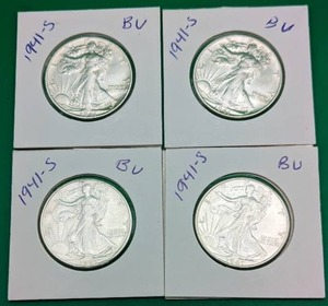 Four 1941 Walking Liberty Silver Half Dollars