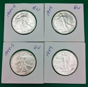 Four 1944 Walking Liberty Silver Half Dollars
