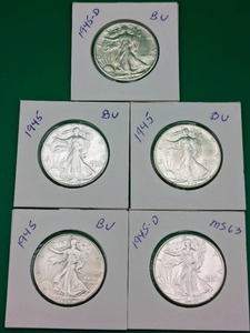 Five 1945 Walking Liberty Silver Half Dollars