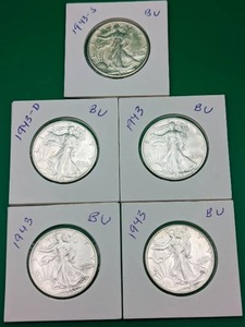 Five 1943 Walking Liberty Silver Half Dollars