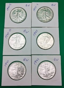 Six 1941 Walking Liberty Silver Half Dollars