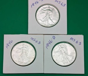 Three Similar 1946 Walking Liberty Silver Half Dollars