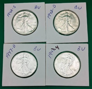Four Similar 1940s Walking Liberty Silver Half Dollars