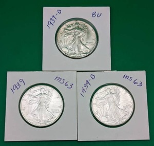 Three 1939 Walking Liberty Silver Half Dollars