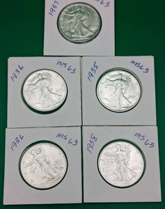 Five Similar 1930s Walking Liberty Silver Half Dollars