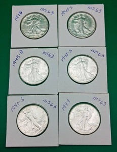 Six Similar 1940s Walking Liberty Silver Half Dollars