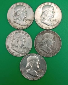 Five Benjamin Franklin Five Half Dollar Coins